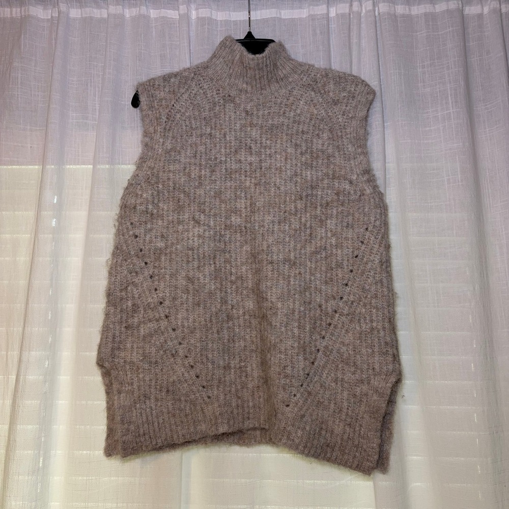 Topshop Sweater Vest Women S Taupe Mock Neck Wool Blend Ribbed‎ Knit Pointelle
